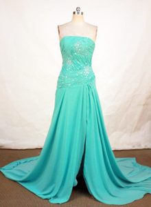 Elegant A-line Strapless Chiffon Green Prom Dresses with Beading and Brush Train