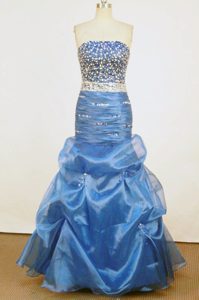 Beautiful Mermaid Strapless Blue Beaded and Ruched Prom Dresses with Pick-ups