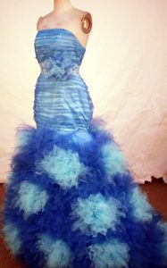 2013 Gorgeous Mermaid Strapless Blue Beaded Prom Dresses with Special Fabric