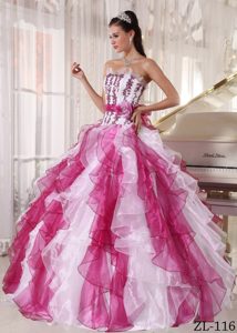 Noble Colorful Ball Gown Strapless Long Organza Beading Quince Dresses