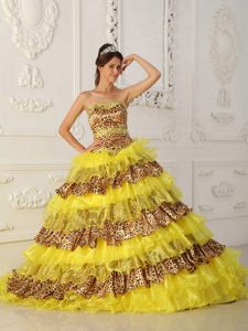 Yellow A-line Strapless Leopard and Organza Quinceanera Dress with Ruffles