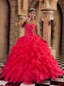 Lovely Red Ball Gown Sweetheart Organza Best Dress for Quince with Ruffles