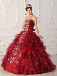 2013 Wine Red Strapless Embroidery Dress for Quince and Organza