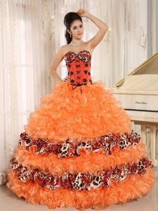 Pretty Orange and Leopard Sweetheart Quinceanera Dress with Layered Ruffles