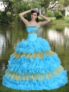 Strapless Aqua Blue Strapless Quinceanera Dress with Layered Ruffles on Sale
