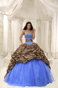 V-neck Long Leopard and Blue Organza Sweet 16 Dress with Pick-ups