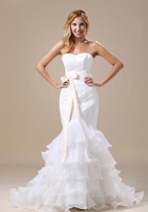 Mermaid Wedding Bridal Gown with Sash and Ruffles in Lace and Organza