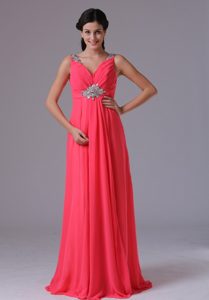 Coral Red V-neck Exquisite Summer Military Dresses for Prom with Beading