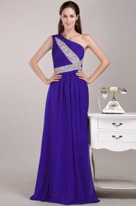 Wonderful One Shoulder Ruched and Beaded Long Military Dresses in Purple