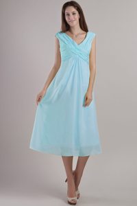 Exquisite Light Blue V-neck Ankle-length Chiffon Military Dresses for Party