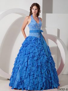 Halter Top Chiffon Quinceanera Dress with Embroidery Decorated and Ruffles