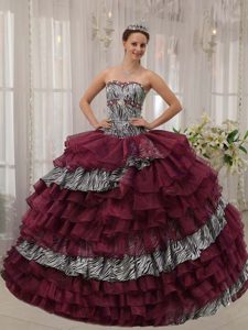 Special Burgundy Zebra and Organza Beaded Quinceaneras Dress for Spring