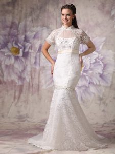 Cheap Mermaid High Neck Court Train Wedding Reception Dresses in Lace