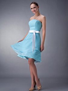 Fashionable Aqua Blue Lace-up Chiffon Bridemaid Dress for Church Wedding