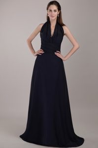 Memorable Halter Top Ruched Navy Blue Long Dress for Bridesmaid