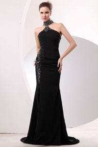 Sexy Black Mermaid High-neck Prom Long Dress for Party with Beading in