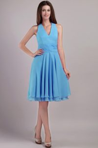 Aqua Blue Empire Halter Top Knee-length Prom Formal Dress for Cheap