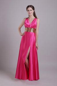 Hot Pink Empire V-neck Long Prom Dress in with Side Slit and Belt