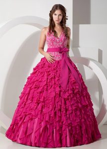 Necessary Hot Pink Halter Top Chiffon Quinceanera Dresses with Bowknot Sash