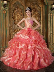 High End Strapless Sweet Sixteen Dresses with Beading and Ruffles in Coral Red