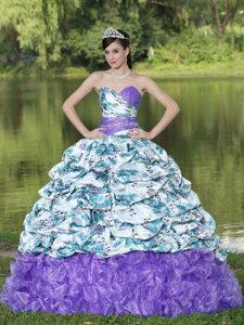 Lavender Printed Sweetheart Ruffled Beaded Quinceanera Dress with Pick-ups