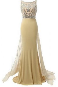 Scoop Side Zipper Evening Dress Champagne for Prom and Party with Beading Brush Train