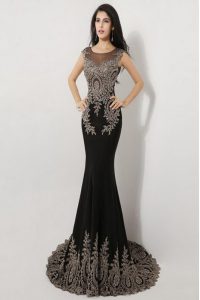 Brush Train Mermaid Prom Dress Black Scoop Silk Like Satin Sleeveless Floor Length Zipper