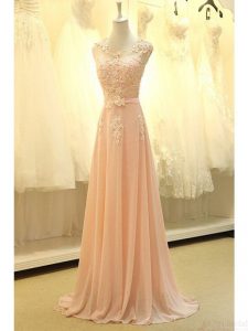 Luxury Scoop Peach Sleeveless Lace and Belt Zipper Prom Evening Gown