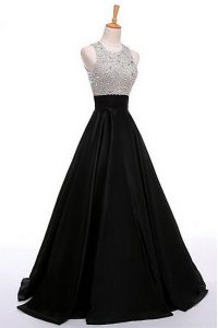 Stunning Black A-line Scoop Sleeveless Satin Floor Length Zipper Beading Prom Party Dress