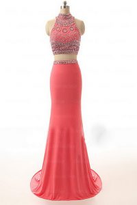 Modern Watermelon Red Satin Backless High-neck Sleeveless Prom Party Dress Brush Train Beading and Appliques and Belt