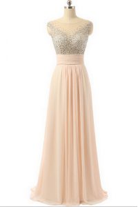 Peach Side Zipper Scoop Beading and Sequins and Belt Organza Sleeveless Sweep Train