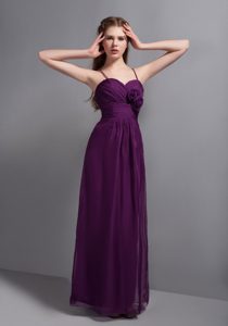 Sexy Purple Ankle-length Straps Chiffon Bridemaid Dress with Hand Made Flower
