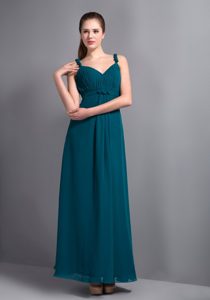 Affordable V-neck Straps Ankle-length Chiffon Bridemaid Dress in Turquoise