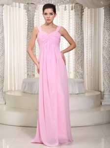 Baby Pink Empire Straps Chiffon Long Maid of Honor Dresses with Ruches