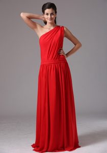 One Shoulder Long Red Junior Bridesmaid Dress with Pleats