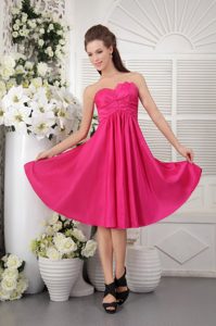 Hot Pink Strapless Knee-length Discount Dresses for Bridesmaid with Ruches
