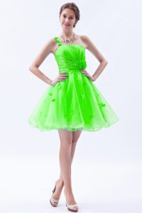 One Shoulder Mini-length Spring Green Pageant Dress for Girls with Flowers