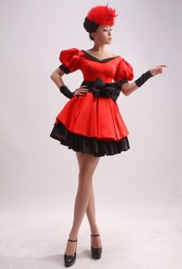 Sexy Short Sleeves Red and Black Little Girls Formal Dresses with Bowknot