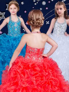 Halter Top Sleeveless Organza Floor Length Lace Up Kids Formal Wear in White and Coral Red and Blue with Beading and Ruf