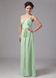 Modest Apple Green V-neck Long Junior Bridesmaid Dress with Sash