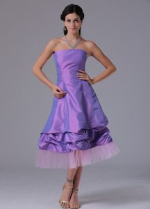 Lavender Strapless A-line Top Bridesmaid Dress in Tea-length with Pick-ups