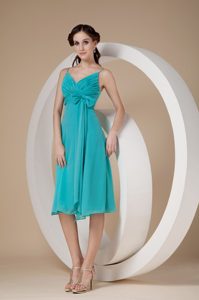 Turquoise Spaghetti Straps Knee-length Dress for Bridesmaid with Bowknot