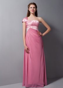 One Shoulder Ruched Bridesmaid Dress for Wedding in Rose Pink with Beads