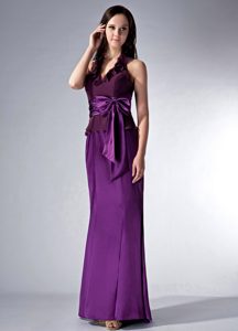 Purple Halter-top Bridesmaid Dress for Wedding with Sash and Ruffles