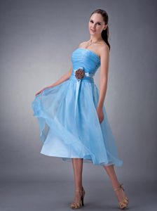Customize Ruching Junior Bridesmaid Dresses in Baby Blue with Handle Flower