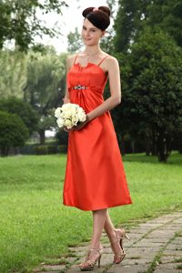 Tea-length Dresses for Bridesmaid in Orange with Straps and Beadings