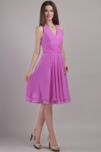 Halter Top Knee-length Chiffon Dress for Bridesmaid with Ruches in Lavender