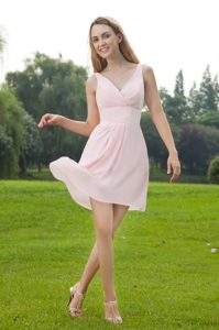 New 2013 Baby Pink V-neck Dress for Bridesmaid with Mini-legnth