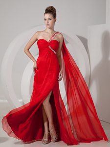 Custom Made Red Empire One Shoulder Prom Gown with Beads and High Slit