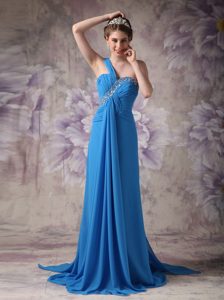 Sky Blue One Shoulder Brush Train Beaded Chiffon Prom Dresses with Ruching